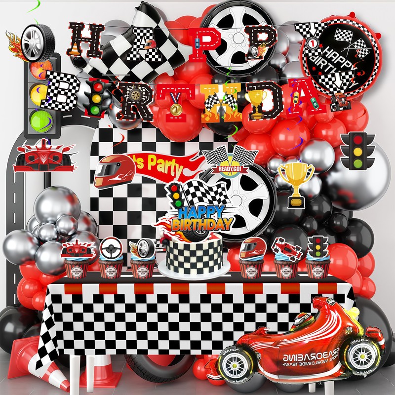 112 Pcs Race Car Birthday Decorations Party Supplies Set Balloons Hanging Swirls