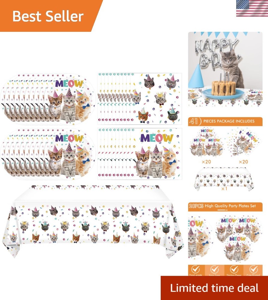 Complete Cat Birthday Party Set – 41Pcs Tableware for 20 Guests, Easy Clean-Up