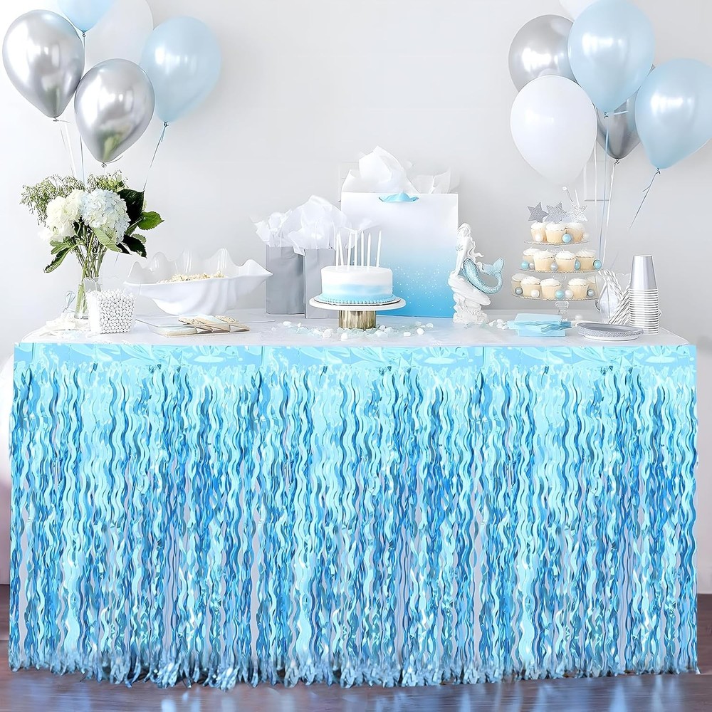 2 Pack Teal Blue Shiny Wavy Tinsel Foil Fringe Table Skirts Table Decorations
