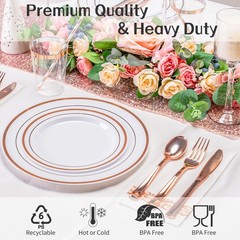 175PCS Rose Gold Dinnerware Set for 25 Guests, Rose Gold Rim Plastic Disposab…