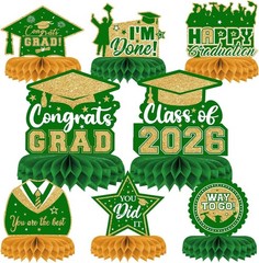 Elegant 2026 Graduation Honeycomb Centerpieces – Pack of 8, Green & Gold Design