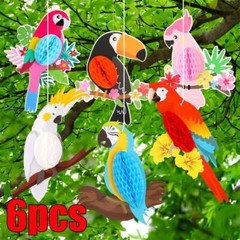 6x Tropical Birds Hanging Parrot Paper Honeycomb Hawaiian Party Bar Wall Decor