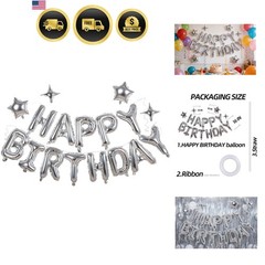 Silver Happy Birthday Banner Balloon Aluminum Foil 16 Inch Letter,10 Inch Fiv…