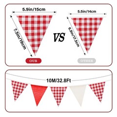Red and White Gingham Fabric Bunting Banner, 32Ft Cotton Burlap Triangle Garl…