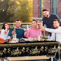 Happy Birthday Decorations – Gold and Black Tablecloth, Rectangle Plastic Dispos