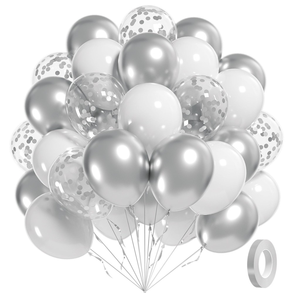 60pcs Silver and White Balloons with Confetti for Birthday and Party Decor