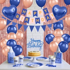 Navy Blue Rose Gold Birthday Decorations,Happy Birthday Banner Fringe Curtain…