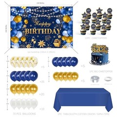 Blue and Gold Happy Birthday Decorations for Men,Birthday Banner, 70pcs