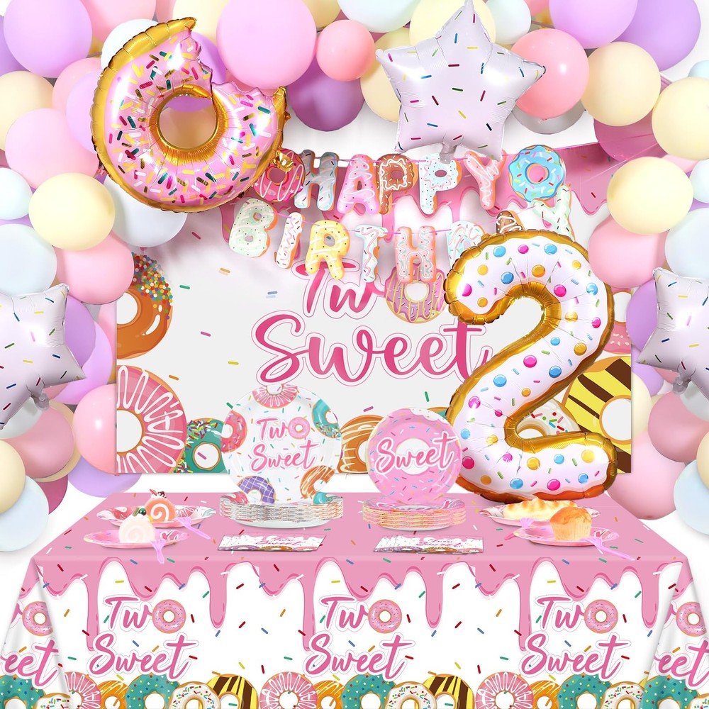 143Pcs Sweet Birthday Party Decorations Girls Donut tableware Set Sweet Donut…