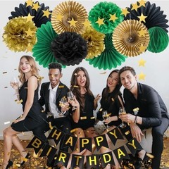 Green Black Gold Birthday Decorations with Happy Birthday Banner Hanging Pape…