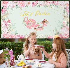 6 x 3.6 ft Tea Party Backdrop Decorations, Pink Floral Tea Decor Banner, Let’s P