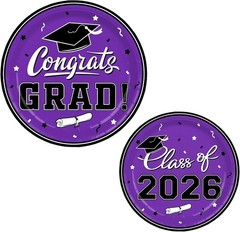 Purple Graduation Dinnerware Set for 25 Guests with Banner and Tablecloth