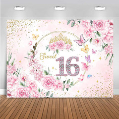 7x5ft Sweet 16 Backdrop Banner Decorations for Girls Birthday Party Pink Floral