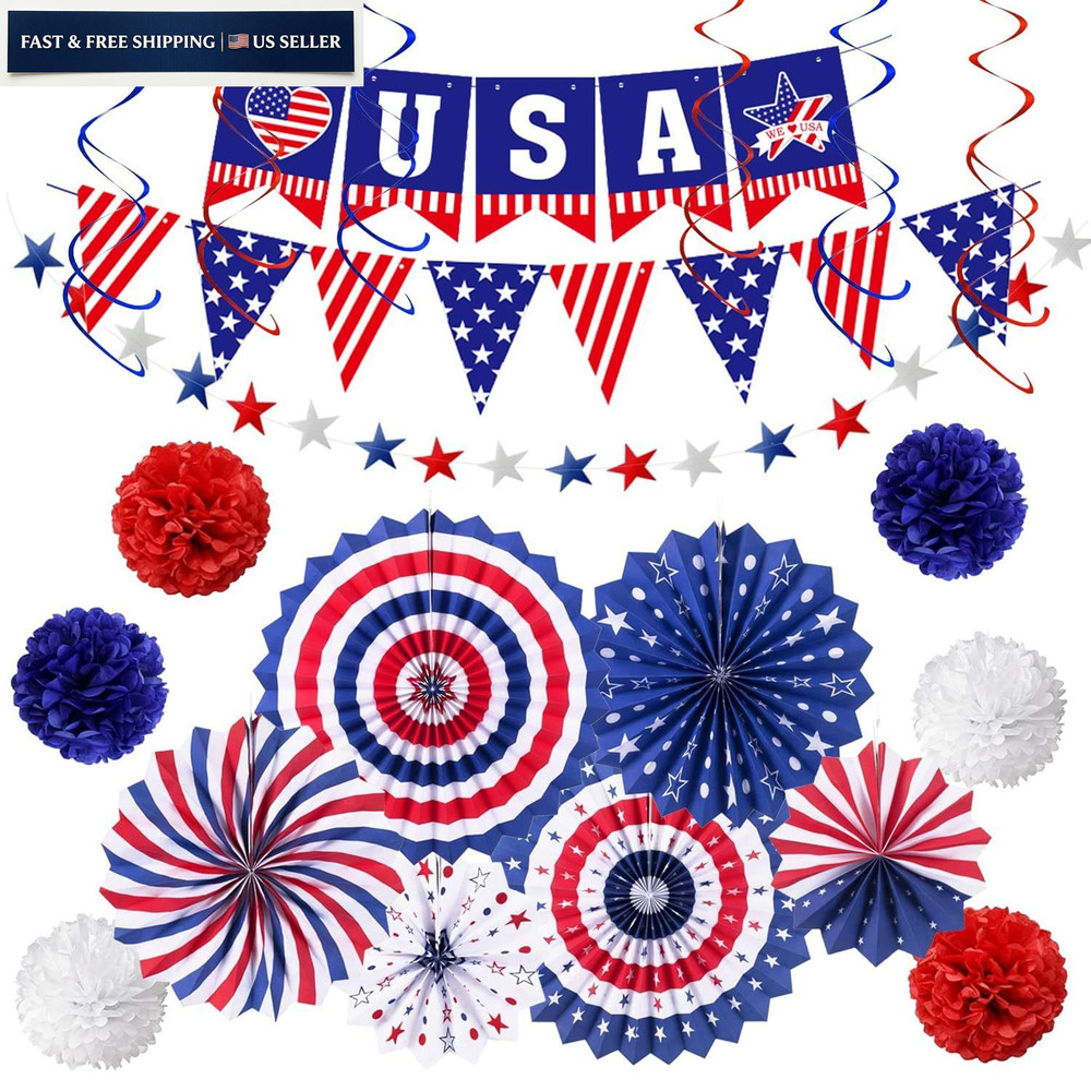 4th of July Patriotic Party Decorations, 6 Paper Fan, 6 Red, White and Blue