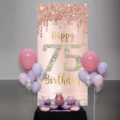 75th Birthday Decorations Door Banner 72.8 x 35.4 inches, Pink Rose Gold