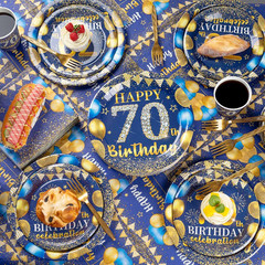 250PCS 70Th Birthday Party Decorations for 50 Guests Blue and Gold Party Supplie