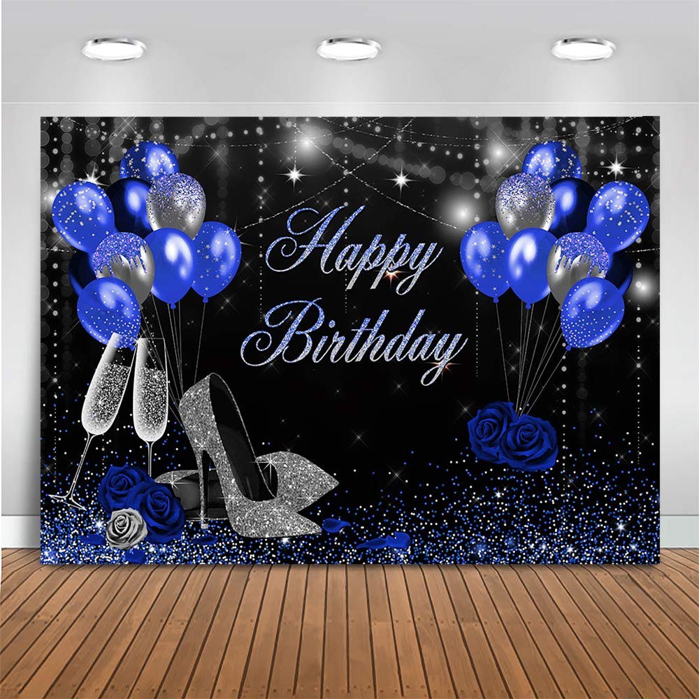 Mocsicka Birthday Backdrop for Women Silver 7x5ft (82×60 inch), Blue,Silver
