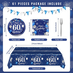 60Th Birthday Decorations for Men,61Pcs Blue Silver 60Th Birthday Decorations Ta