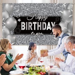 Sumind Black Silver Happy Birthday Banner Backdrop Party Decoration for Men Wome