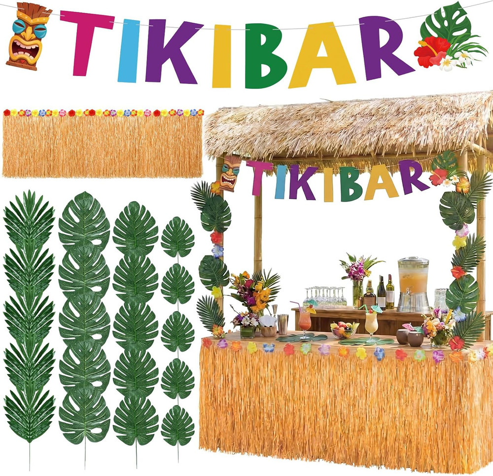 22 Pcs Tiki Bar Hut Decorations Kit with Banner 20 Tropical Palm Leaves and 108