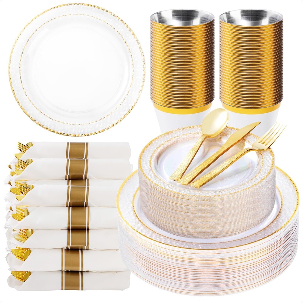 350PCS Clear Plastic Plates with Gold Trim for 50 Guests, Disposable Dinnerwa…