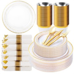350PCS Clear Plastic Plates with Gold Trim for 50 Guests, Disposable Dinnerwa…