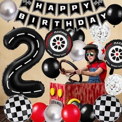 Race Car Party Decorations, with 40 Inch Racetrack Black Number 2 Balloon, Ha…