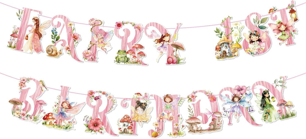 Pre-Strung Fairy First Birthday Decorations Fairy 1St Birthday Banner Garden Par