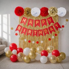 Red and Gold Happy Party Decorations with Banner Balloons Pom Poms Foil Fring…