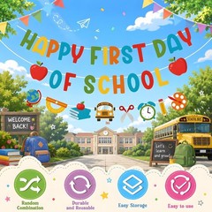 Back to School Decorations Happy First Day of School Banner Sign for Kids