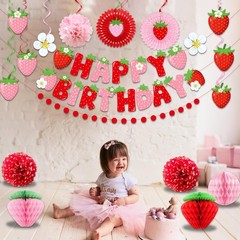 Strawberry Birthday Decorations for Girls, Red Pink White Strawberry Birthday…