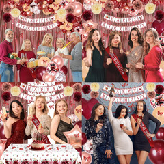 Burgundy Rose Gold Birthday Decorations with Happy Birthday Banner, Balloons, Sa