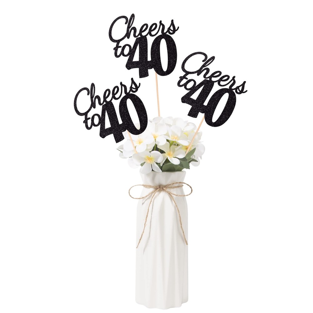 10 Pack Cheers To 40 Black Glitter 40th Birthday Centerpiece Topper Sticks