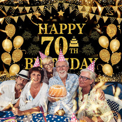 70th Birthday Decorations Happy 70th Birthday Banner for Men Women Black Gold 70