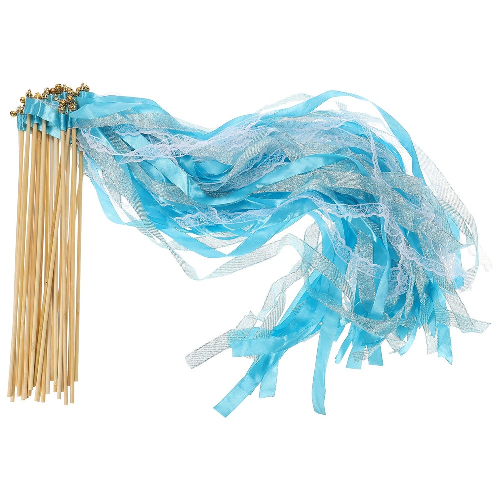 25Pcs Lace Silk Ribbon Fairy Sticks Wands for Wedding Party, Sky Blue