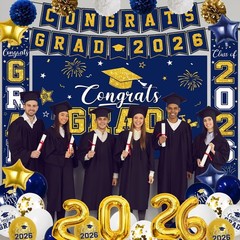 Navy Blue & Gold Graduation Decorations 2026 – Congrats Grad Backdrop, Banner, B