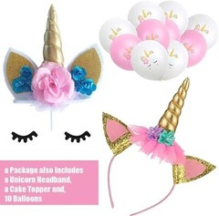 Unicorn Birthday Supplies With Headband, tableware, balloons and more