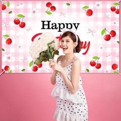 Cherry Birthday Banner Cherry Bow Birthday Decorations for Gilrs 6×3.6 ft