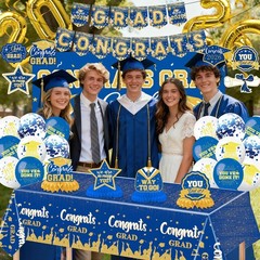 Graduation Decorations 2026 Blue and Gold 37 Pieces Balloons Banner Backdrop Set