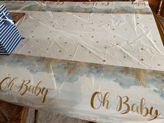 Baby Boy SPRINKLE Shower Backdrop, letter banner & table cloth decorations