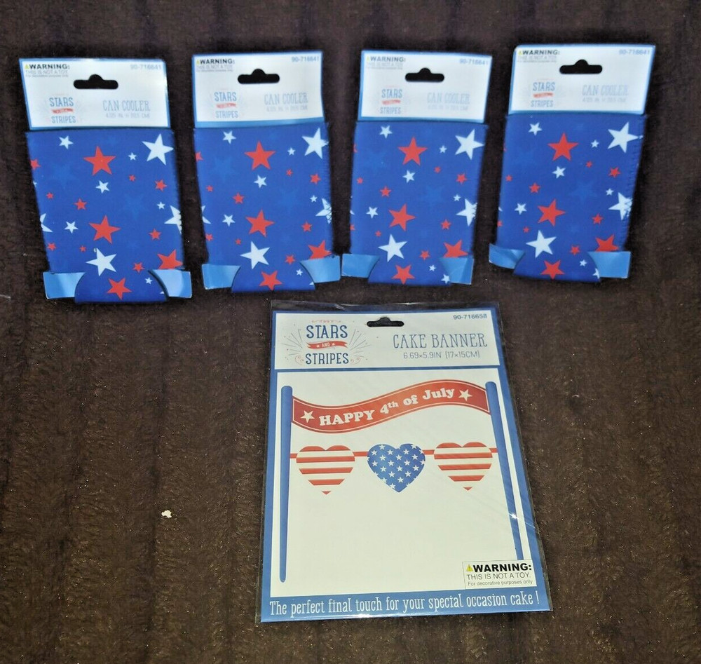 Holiday Patriotic July 4th Cake Banner and 4Can Cooler Set