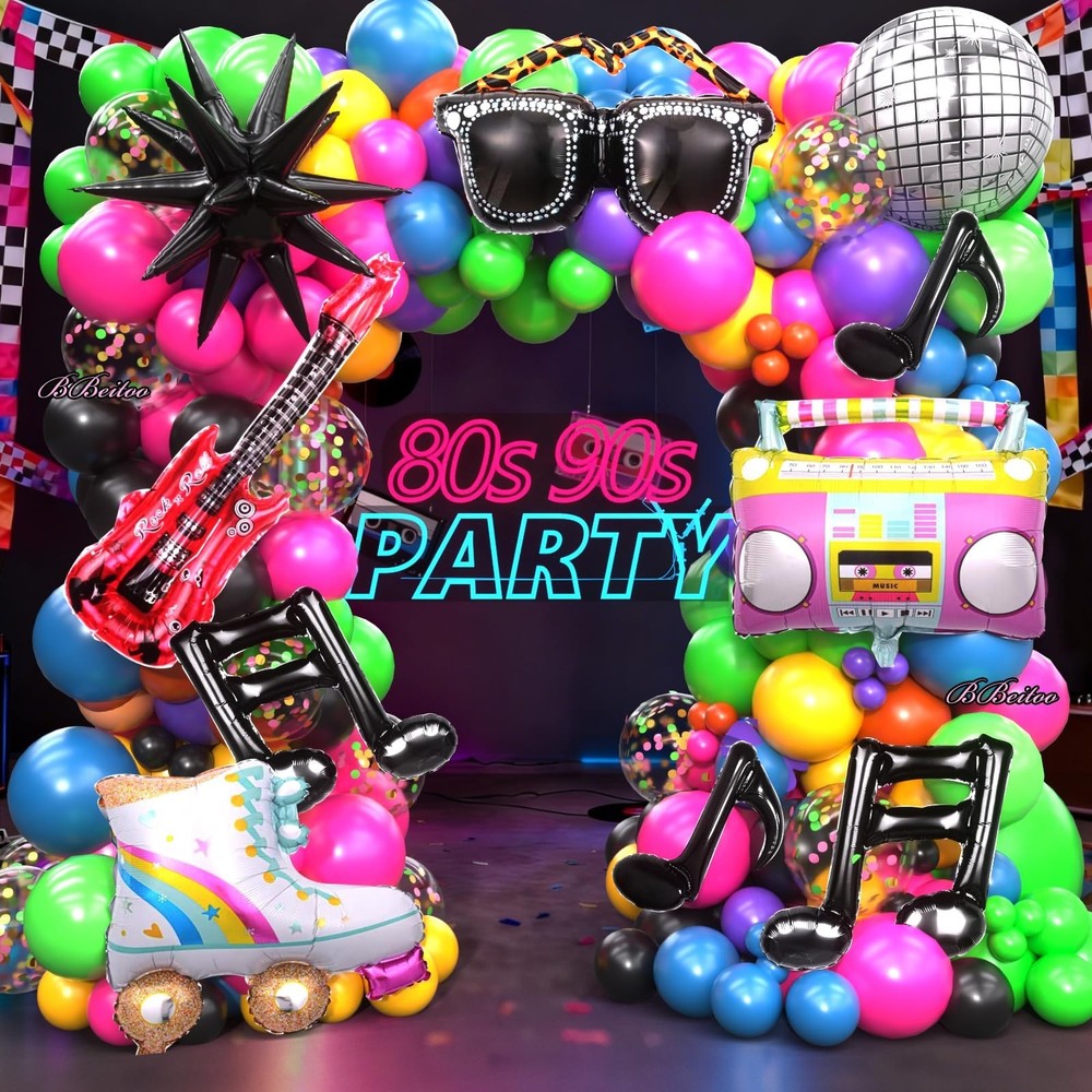 Retro 80s 90s Party Decorations Kit – 178PCS Balloon Arch, Disco Balls, Musical