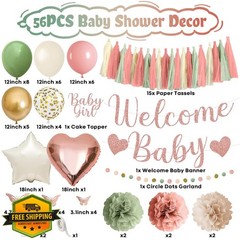 Baby in Bloom Shower Decor, Sage Green Pink Balloons, Banner, Topper
