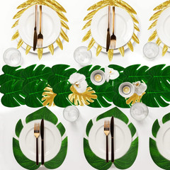 Tropical Party Decorations, 50 Pieces 7 Kinds Artificial Palm Leaves Green and G