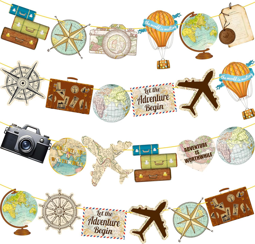 4Pcs Travel Theme Party Banners Let the Adventure Begin Decorations Vintage Bon