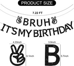 Black Pre-Strung ‘Bruh It’S My Birthday’ Banner – 2Pcs, 7.2Ft, No DIY, Glitter C