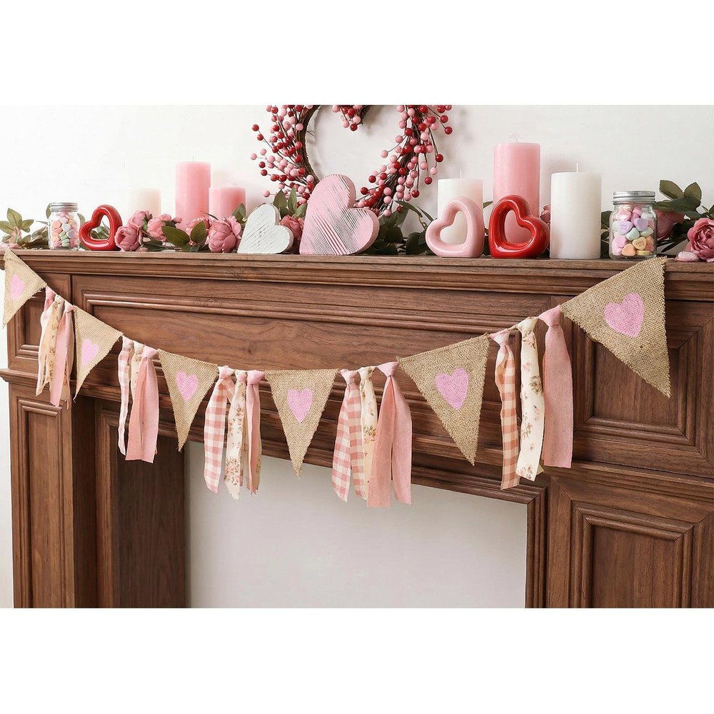 Valentine’s Day Garland, Cute Pink Heart Galentines Decorations, Rustic Banne…