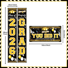Black and Gold Graduation Decorations Class of 2026 Congrats Grad Banner Grad Po