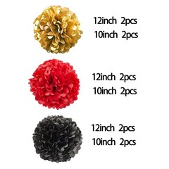 12 PCS Black Red Gold Tissue Paper Pom Poms Hanging Ceiling Flowers Party Decor