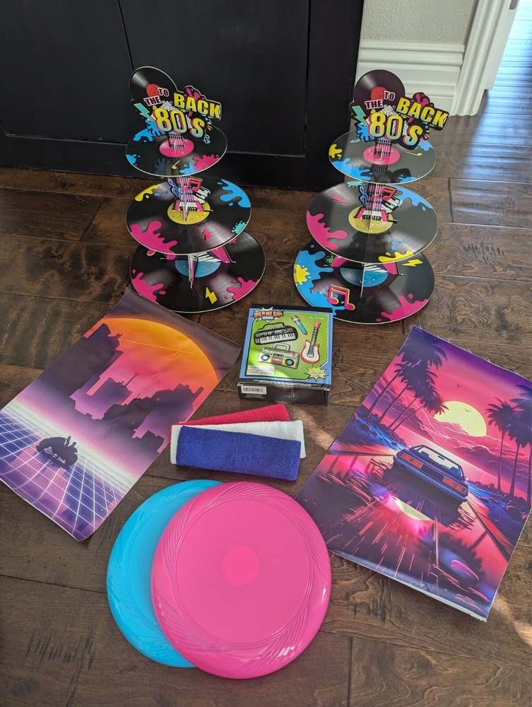 80s theme birthday party decorations lot props cupcake stands posters